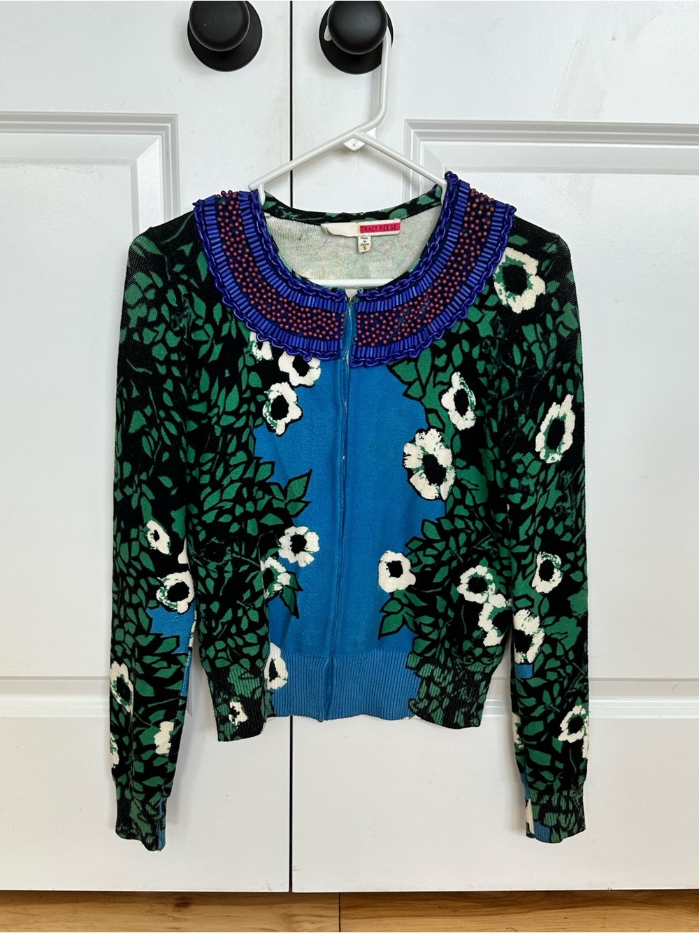 Tracy Reese Blue Floral Cardigan with Embellished Collar